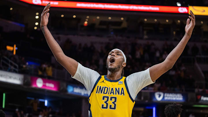 Mar 20, 2025; Indianapolis, Indiana, USA; Indiana Pacers center Myles Turner (33) celebrates the win after game against the Brooklyn Nets at Gainbridge Fieldhouse. Mandatory Credit: Trevor Ruszkowski-Imagn Images