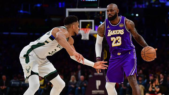 Jan 9, 2026; Los Angeles, California, USA; Los Angeles Lakers forward LeBron James (23) moves the ball against Milwaukee Bucks forward Giannis Antetokounmpo (34) during the second half at Crypto.com Arena. Mandatory Credit: Gary A. Vasquez-Imagn Images Jan 9, 2026; Los Angeles, California, USA; Los Angeles Lakers forward LeBron James (23) moves the ball against Milwaukee Bucks forward Giannis Antetokounmpo (34) during the second half at Crypto.com Arena. Mandatory Credit: Gary A. Vasquez-Imagn Images