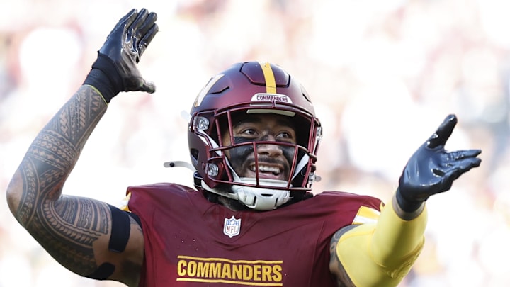 Nov 24, 2024; Landover, Maryland, USA; Washington Commanders linebacker Frankie Luvu (4) celebrates after making a play Dallas Cowboys during the second quarter at Northwest Stadium. Mandatory Credit: Geoff Burke-Imagn Images Nov 24, 2024; Landover, Maryland, USA; Washington Commanders linebacker Frankie Luvu (4) celebrates after making a play Dallas Cowboys during the second quarter at Northwest Stadium. Mandatory Credit: Geoff Burke-Imagn Images