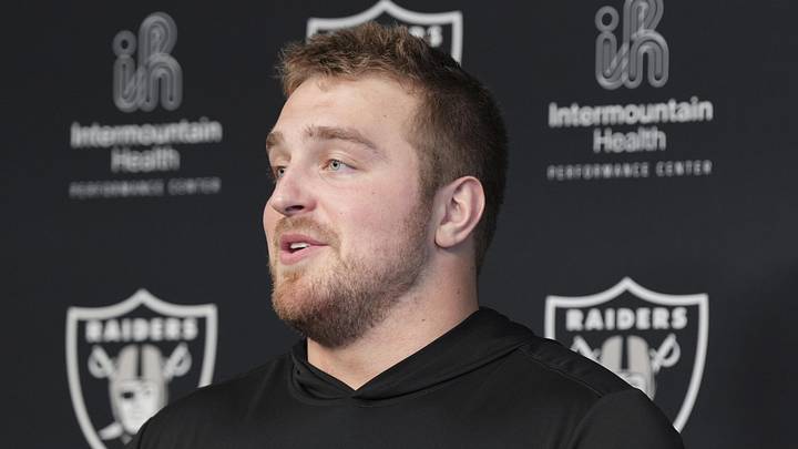 Las Vegas Raiders guard Trey Zuhn III speaks during a news conference at the team’s Rookie Minicamp.