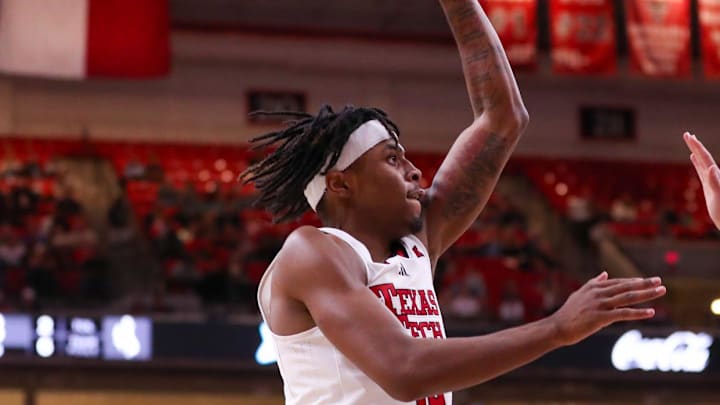 Texas Tech's JT Toppin shoots against Wyoming during a non-conference basketball game, Wednesday, Nov. 13, 2024, in United Supermarkets Arena.