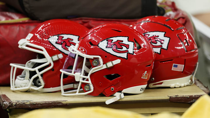 Feb 9, 2025; New Orleans, LA, USA; A detail view of Kansas City Chiefs helmets before Super Bowl LIX between the Philadelphia Eagles and the Kansas City Chiefs at Caesars Superdome. Mandatory Credit: Geoff Burke-Imagn Images