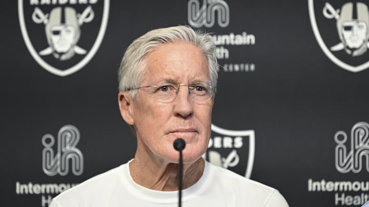 Apr 25, 2025; Henderson, NV, USA;  Las Vegas Raiders head coach Pete Carroll at a news conference introducing Ashton Jeanty as the first round draft pick in the 2025 NFL Draft at Intermountain Health Performance Center. Mandatory Credit: Candice Ward-Imagn Images