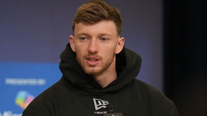 Dillon Thieneman meets with the media at the 2026 NFL Combine.