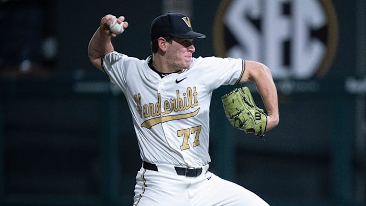 Vanderbilt Commodores closing pitcher Alex Kranzler (77) delivers a pitch to a Air Force Falcons hitter at Hawkins Field in Nashville, Tenn., Monday, Feb. 17, 2025. The Commodores beat the Falcons 3-1.