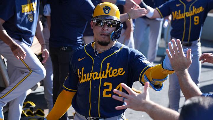 Aug 15, 2026; Los Angeles, California, USA; Milwaukee Brewers catcher William Contreras (24) celebrates with teammates after hitting a two-run home run in the fourth inning against the Los Angeles Dodgers at Dodger Stadium. Mandatory Credit: Kirby Lee-Imagn Images