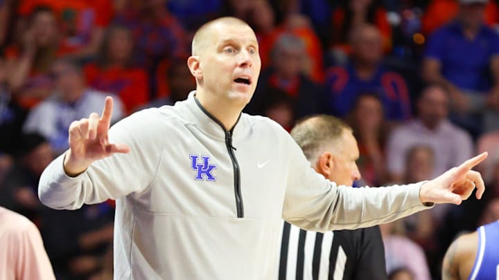 Kentucky head coach Mark Pope reacts during the second half of a NCAA mens basketball game at Steven C. O'Connell Center Exactek arena in Gainesville, FL on Saturday, February 14, 2026. [Alan Youngblood/Gainesville Sun]
