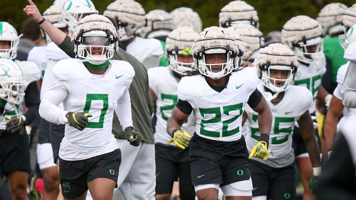 Oregon running backs Bucky Irving, left, and Noah Whittington work out during spring practice with the Ducks in Eugene, Ore. Thursday, April, 13, 2023.
Sports Oregon Spring Practice Oregon running backs Bucky Irving, left, and Noah Whittington work out during spring practice with the Ducks in Eugene, Ore. Thursday, April, 13, 2023.
Sports Oregon Spring Practice