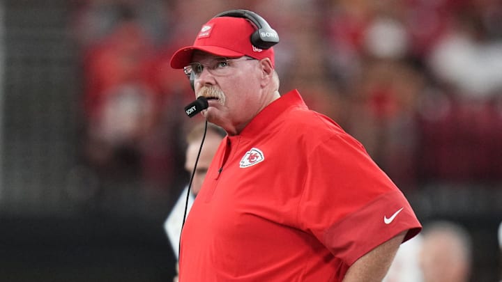 Kansas City Chiefs head coach Andy Reid walks the sidelines during their preseason game against the Arizona Cardinals at State Farm Stadium on Aug. 9, 2025.