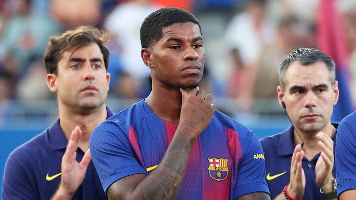 Marcus Rashford (front) is yet to be registered to play in La Liga.