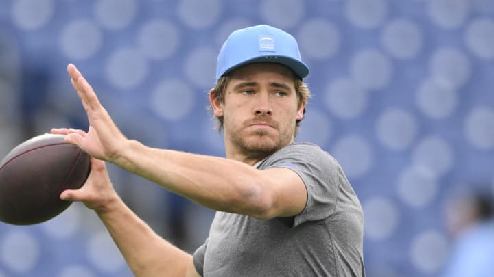 Nov 2, 2025; Nashville, Tennessee, USA;  Los Angeles Chargers quarterback Justin Herbert (10) warms up prior to the game against the Tennessee Titans at Nissan Stadium. Mandatory Credit: Steve Roberts-Imagn Images
