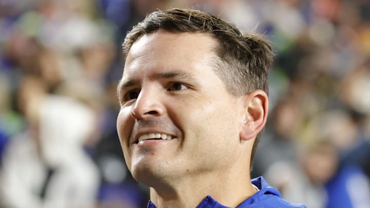 Seattle Seahawks head coach Mike Macdonald reacts to the win against the Washington Commanders.