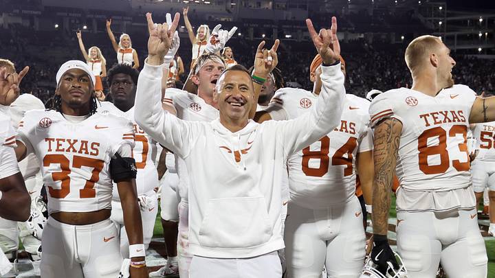 Texas Longhorns head coach Steve Sarkisian reacts after beating the Mississippi State Bulldogs in overtime at Davis Wade Stadium at Scott Field. Texas Longhorns head coach Steve Sarkisian reacts after beating the Mississippi State Bulldogs in overtime at Davis Wade Stadium at Scott Field.