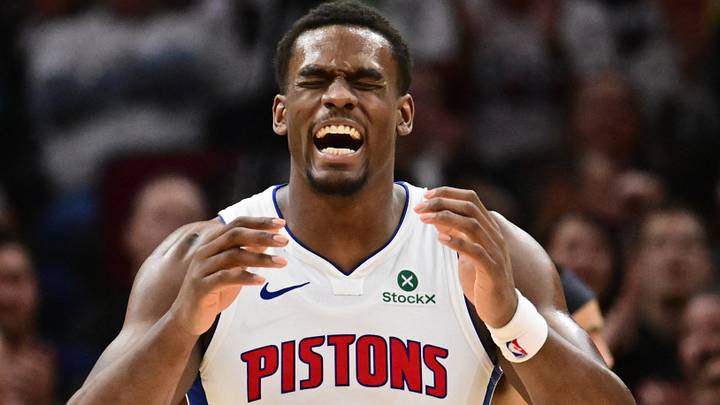 May 11, 2026; Cleveland, Ohio, USA; Detroit Pistons center Jalen Duren (0) reacts after a play against the Cleveland Cavaliers during the second half of game four in the second round of the 2026 NBA Playoffs at Rocket Arena. Mandatory Credit: Ken Blaze-Imagn Images