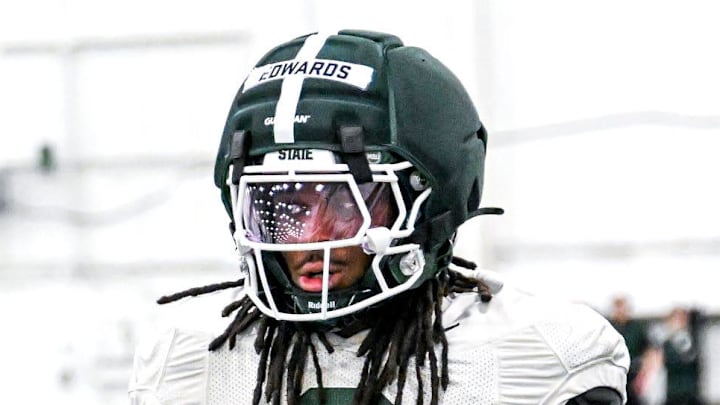 Michigan State's Cam Edwards looks on during spring football practice on Tuesday, March 24, 2026, in East Lansing.