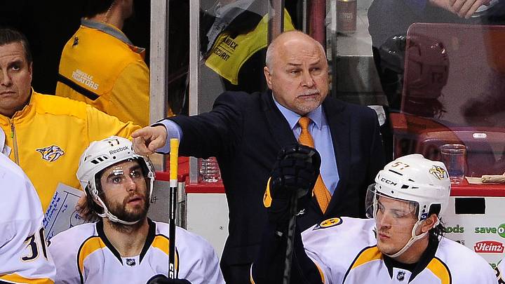 Mar 19, 2014; Vancouver, British Columbia, CAN; Nashville Predators head coach Barry Trotz during the third period against the Vancouver Canucks at Rogers Arena. The Vancouver Canucks won 2-0. Mandatory Credit: Anne-Marie Sorvin-USA TODAY Sports