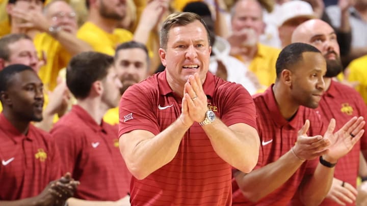 Feb 16, 2026; Ames, Iowa, USA;  Iowa State Cyclones head coach T.J. Otzelberger watches his team play the Houston Cougars during the second half at James H. Hilton Coliseum. 