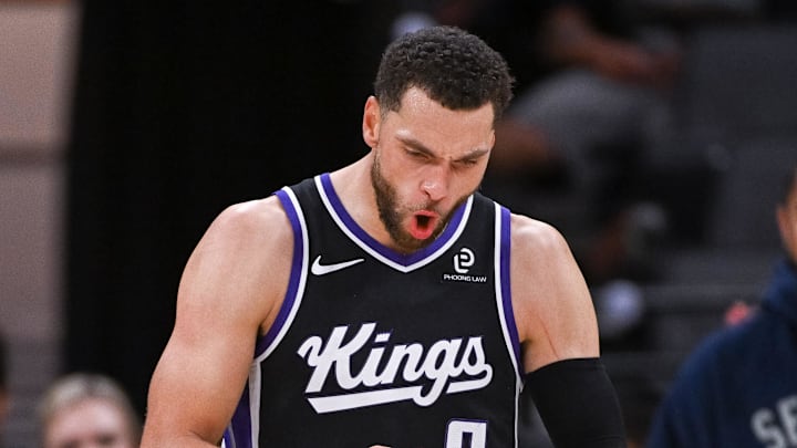 Oct 26, 2025; Sacramento, California, USA; Sacramento Kings guard Zach LaVine (8) reacts after scoring against the Los Angeles Lakers during the fourth quarter at Golden 1 Center. Oct 26, 2025; Sacramento, California, USA; Sacramento Kings guard Zach LaVine (8) reacts after scoring against the Los Angeles Lakers during the fourth quarter at Golden 1 Center.