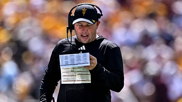 Sep 12, 2026; College Station, Texas, USA; Arizona State Sun Devils head coach Kenny Dillingham reacts during the first quarter against the Texas A&M Aggies at Kyle Field. Sep 12, 2026; College Station, Texas, USA; Arizona State Sun Devils head coach Kenny Dillingham reacts during the first quarter against the Texas A&M Aggies at Kyle Field.
