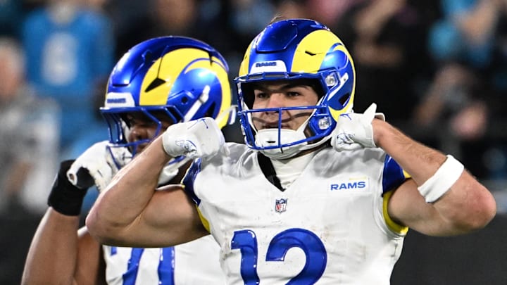 Jan 10, 2026; Charlotte, NC, USA; Los Angeles Rams wide receiver Puka Nacua (12) react in the fourth quarter in an NFC Wild Card Round game at Bank of America Stadium. Mandatory Credit: Bob Donnan-Imagn Images