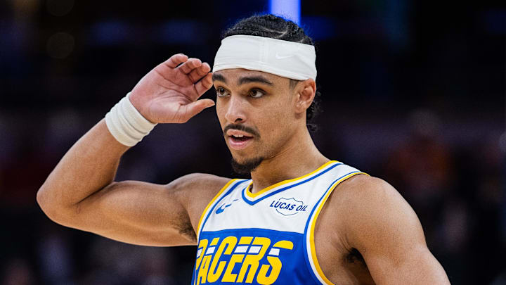 Indiana Pacers guard Andrew Nembhard (2) in the second half against the Miami Heat at Gainbridge Fieldhouse. Indiana Pacers guard Andrew Nembhard (2) in the second half against the Miami Heat at Gainbridge Fieldhouse.