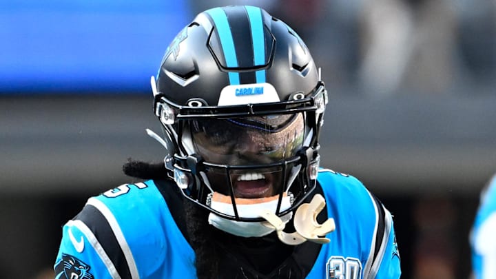 Oct 13, 2024; Charlotte, North Carolina, USA; Carolina Panthers wide receiver Diontae Johnson (5) reacts after making a catch in the first quarter at Bank of America Stadium. Mandatory Credit: Bob Donnan-Imagn Images