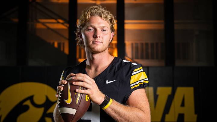 Iowa quarterback Hank Brown (9) stands for a portrait during Hawkeye football media day, Friday, Aug. 14, 2026, in Iowa City. Iowa quarterback Hank Brown (9) stands for a portrait during Hawkeye football media day, Friday, Aug. 14, 2026, in Iowa City.
