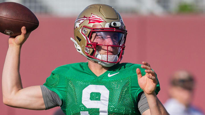 Florida State Seminoles quarterback Kevin Sperry (9) looks to pass to a teammate Thursday, April 9, 2026.