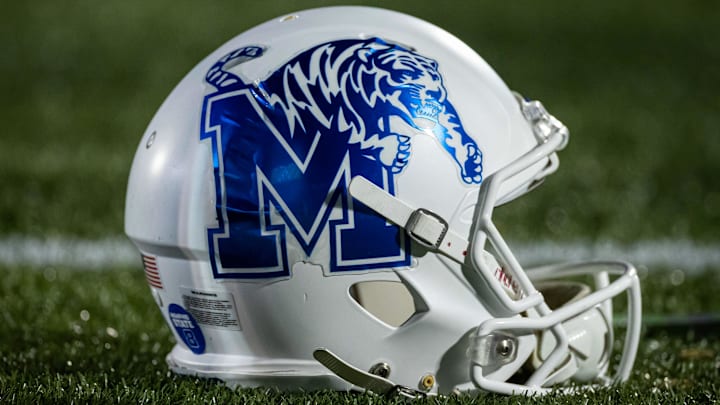 Nov 28, 2020; Annapolis, Maryland, USA; A Memphis Tigers helmet is seen on the sidelines during the first half of the game against the Navy Midshipmen at Navy-Marine Corps Memorial Stadium. Mandatory Credit: Scott Taetsch-Imagn Images