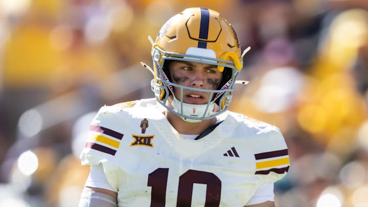 Oct 18, 2025; Tempe, Arizona, USA; Arizona State Sun Devils quarterback Sam Leavitt (10) against the Texas Tech Red Raiders at Mountain America Stadium. Mandatory Credit: Mark J. Rebilas-Imagn Images