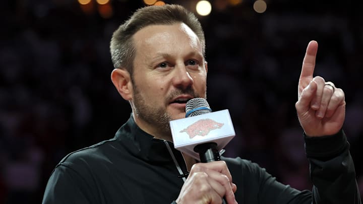 Arkansas Razorbacks new football coach Ryan Silverfield speaks to the crowd during halftime against the Louisville Cardinals at Bud Walton Arena in Fayetteville, Ark.