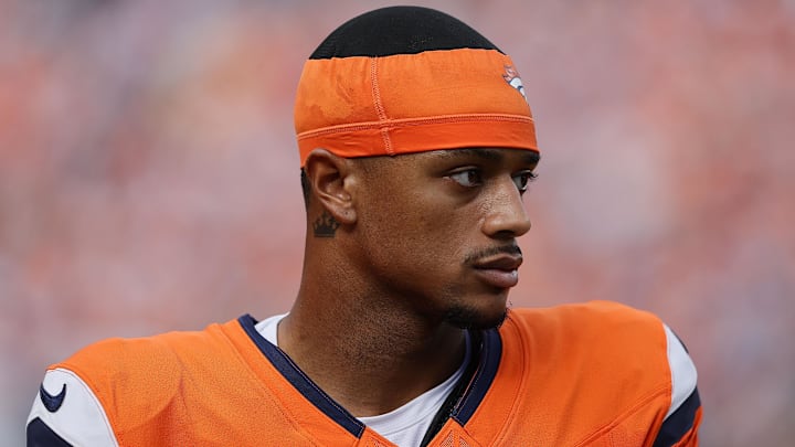 Sep 7, 2025; Denver, Colorado, USA; Denver Broncos cornerback Pat Surtain II (2) displays a gold shield logo patch on his uniform in the second half at Empower Field at Mile High. Mandatory Credit: Isaiah J. Downing-Imagn Images