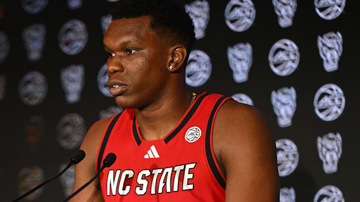 Oct 8, 2025; Charlotte, NC, USA; NC State player Ven-Allen Lubin answers questions from the media at The Hilton Charlotte Uptown. Mandatory Credit: William Howard-Imagn Images