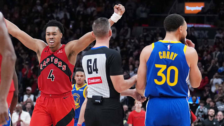 Dec 28, 2025; Toronto, Ontario, CAN; Toronto Raptors forward Scottie Barnes (4) reacts against the Golden State Warriors during the fourth quarter at Scotiabank Arena. Mandatory Credit: Nick Turchiaro-Imagn Images