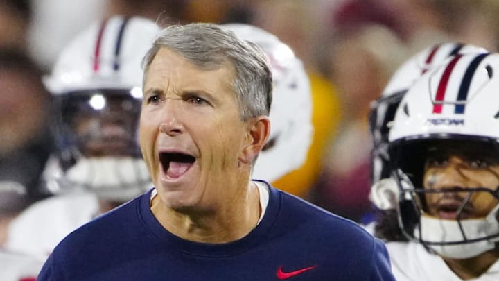Arizona head coach Brent Brennan celebrates during a game against Arizona State at Mountain America Stadium in Tempe on Nov. 28, 2025.