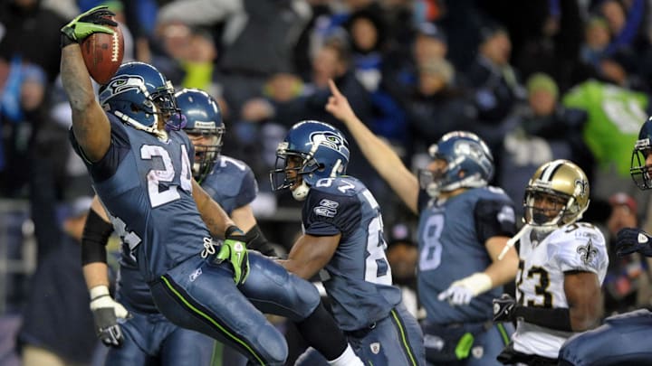 Jan 8, 2010; Seattle, WA, USA; Seattle Seahawks running back Marshawn Lynch (24) leaps into the end zone to score on a 67-yard touchdown run in the fourth quarter of the NFC Wild Card playoff game against the New Orleans Saints at Qwest Field. Jan 8, 2010; Seattle, WA, USA; Seattle Seahawks running back Marshawn Lynch (24) leaps into the end zone to score on a 67-yard touchdown run in the fourth quarter of the NFC Wild Card playoff game against the New Orleans Saints at Qwest Field.