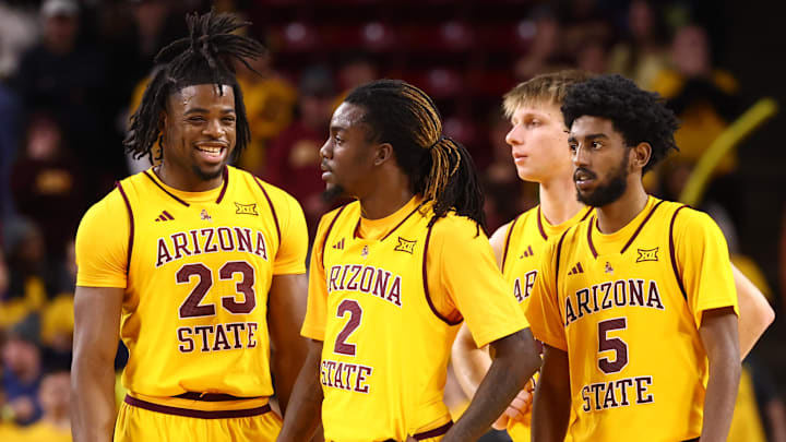 Jan 24, 2026; Tempe, Arizona, USA; Arizona State Sun Devils forward Allen Mukeba (23), guard Anthony Johnson (2) and guard Maurice Odum (5) against the Cincinnati Bearcats at Desert Financial Arena. Mandatory Credit: Mark J. Rebilas-Imagn Images