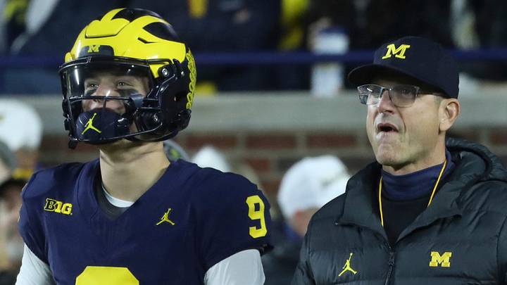 Michigan Wolverines quarterback J.J. McCarthy and coach Jim Harbaugh before action against the Purdue Boilermakers at Michigan Stadium, Saturday, Nov. 4, 2023. Michigan Wolverines quarterback J.J. McCarthy and coach Jim Harbaugh before action against the Purdue Boilermakers at Michigan Stadium, Saturday, Nov. 4, 2023.
