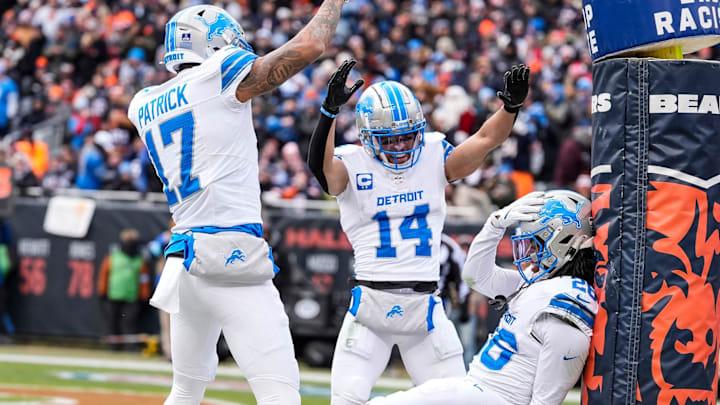 Detroit Lions running back Jahmyr Gibbs (26), wide receiver Amon-Ra St. Brown (14) and wide receiver Tim Patrick (17). Detroit Lions running back Jahmyr Gibbs (26), wide receiver Amon-Ra St. Brown (14) and wide receiver Tim Patrick (17).