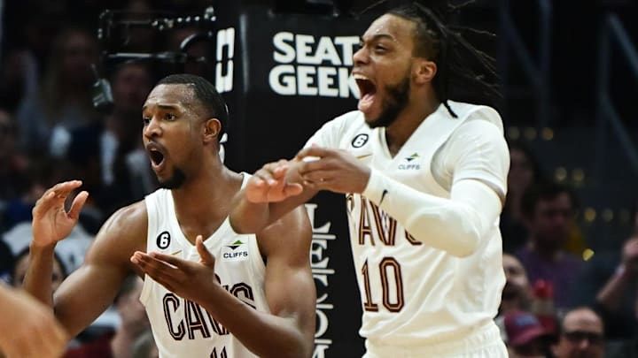 Mar 31, 2023; Cleveland, Ohio, USA; Cleveland Cavaliers forward Evan Mobley (4) and guard Darius Garland (10) react after a foul call on Mobley  during the second half against the New York Knicks at Rocket Mortgage FieldHouse. Mandatory Credit: Ken Blaze-Imagn Images