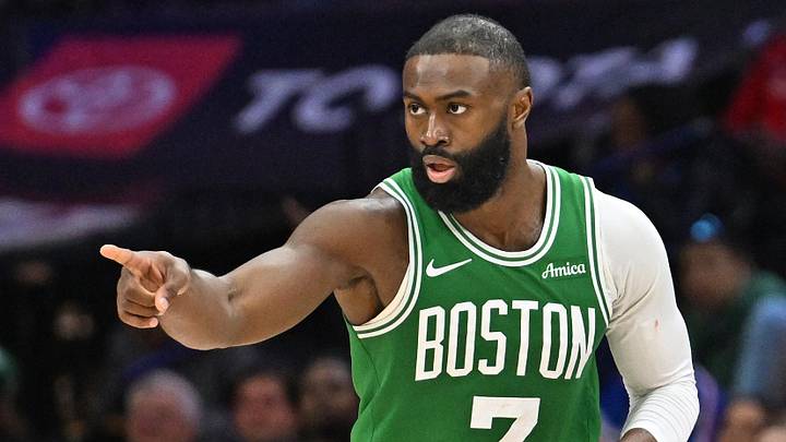Apr 26, 2026; Philadelphia, Pennsylvania, USA; Boston Celtics guard Jaylen Brown (7) reacts after making a three point basket against the Philadelphia 76ers during the second half at Xfinity Mobile Arena. Mandatory Credit: Eric Hartline-Imagn Images