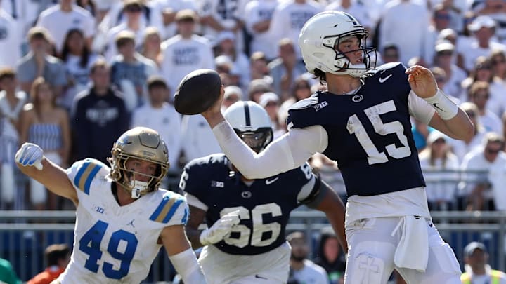 Oct 5, 2024; University Park, Pennsylvania, USA; Penn State Nittany Lions quarterback Drew Allar (15) throws a pass during the fourth quarter against the UCLA Bruins at Beaver Stadium. Mandatory Credit: Matthew O'Haren-Imagn Images Oct 5, 2024; University Park, Pennsylvania, USA; Penn State Nittany Lions quarterback Drew Allar (15) throws a pass during the fourth quarter against the UCLA Bruins at Beaver Stadium. Mandatory Credit: Matthew O'Haren-Imagn Images
