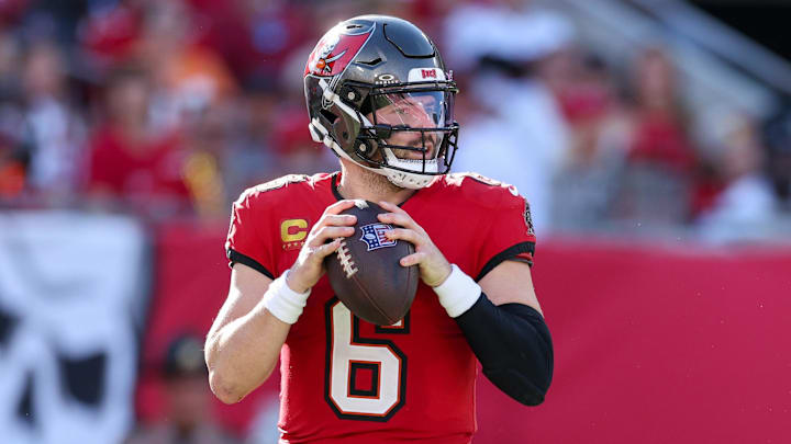Jan 5, 2025; Tampa, Florida, USA; Tampa Bay Buccaneers quarterback Baker Mayfield (6) drops back to pass against the New Orleans Saints in the third quarter at Raymond James Stadium. Mandatory Credit: Nathan Ray Seebeck-Imagn Images