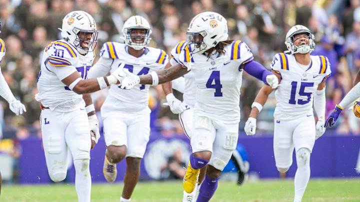 Linebacker Greg Penn III 30 celebrates after an interception as the LSU Tigers take on Texas A&M