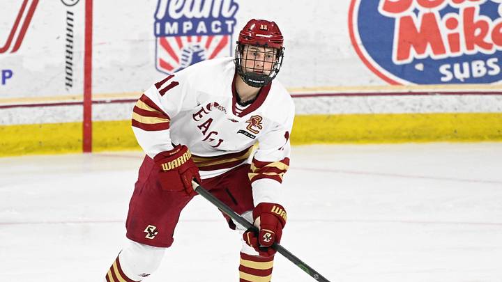 Feb 28, 2025; Chestnut Hill, MA, USA; Boston College defenseman Michael Hagens (11) skates with the puck during the second period against the University of New Hampshire Wildcats at Conte Forum. Mandatory Credit: Eric Canha-Imagn Images