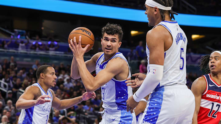 Mar 12, 2026; Orlando, Florida, USA; Orlando Magic forward Tristan da Silva (23) grabs the rebound during the first quarter against the Washington Wizards at Kia Center. Mandatory Credit: Mike Watters-Imagn Images