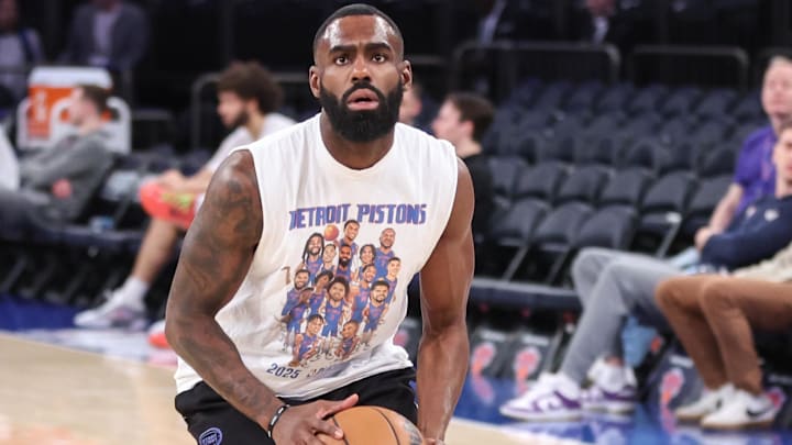 Apr 29, 2025; New York, New York, USA; Detroit Pistons forward Tim Hardaway Jr. (8) warms up prior to game five of first round for the 2025 NBA Playoffs at Madison Square Garden. Mandatory Credit: Wendell Cruz-Imagn Images