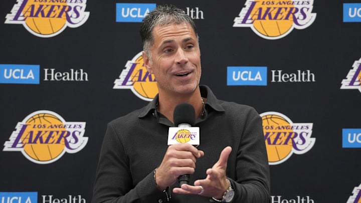 Sep 25, 2024; El Segundo, CA, USA; Los Angeles Lakers general manager Rob Pelinka at press conference at UCLA Health Training Center. Mandatory Credit: Kirby Lee-Imagn Images
