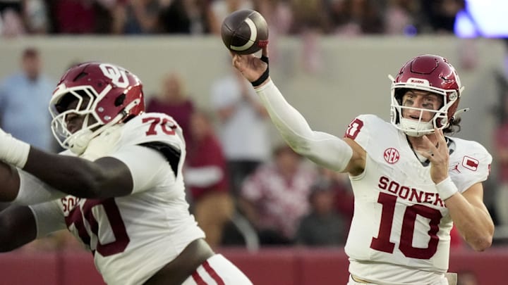 Oklahoma quarterback John Mateer throws a pass in the Sooners' win over Alabama.