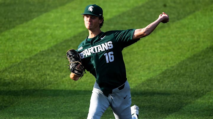 Michigan State's Joseph Dzierwa delivers a pitch during a NCAA Big Ten Conference baseball game against Iowa, Friday, May 12, 2023, at Duane Banks Field in Iowa City, Iowa.